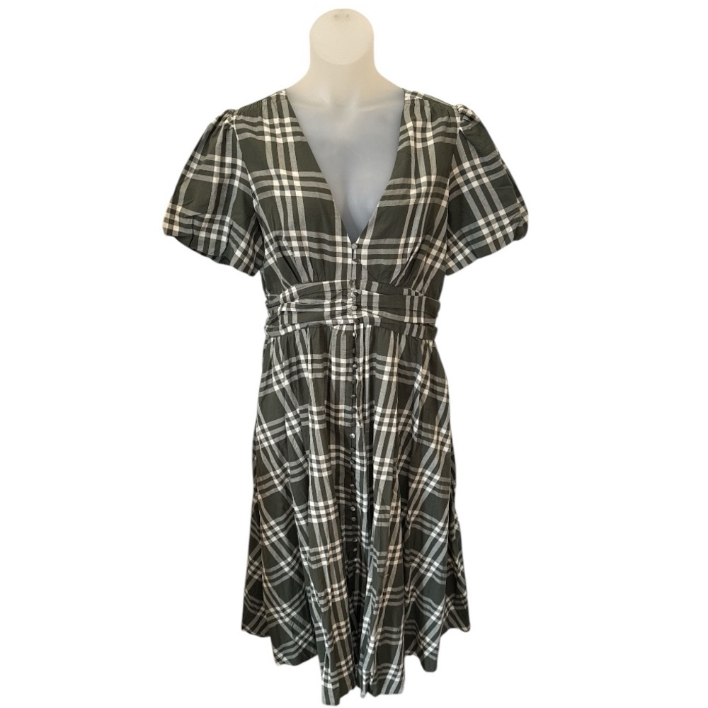 Anthropologie Olive Green and White Plaid Midi Dress